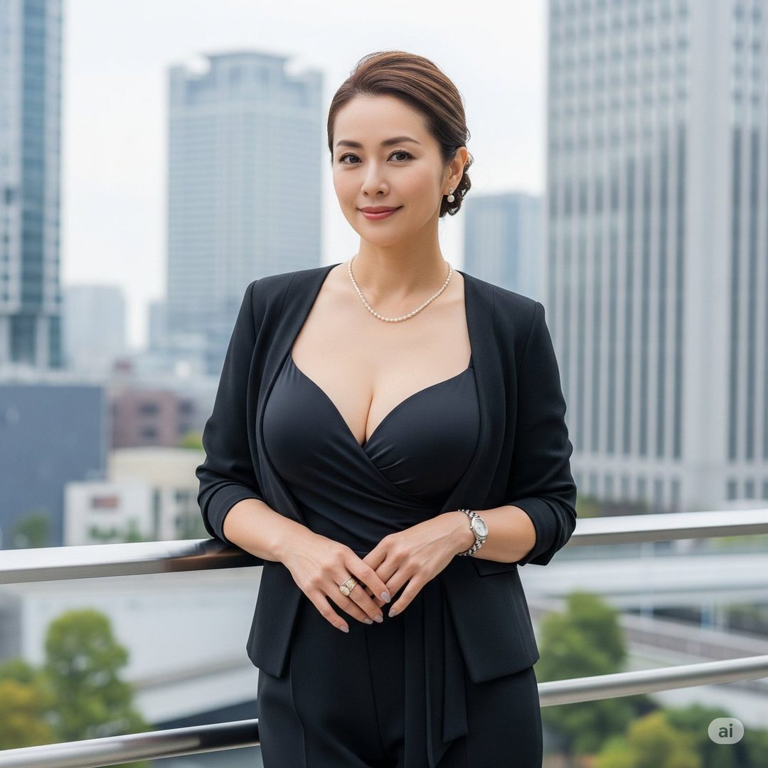 A mature East Asian woman in a black suit and low-cut top, posing outdoors with a city skyline in the background.