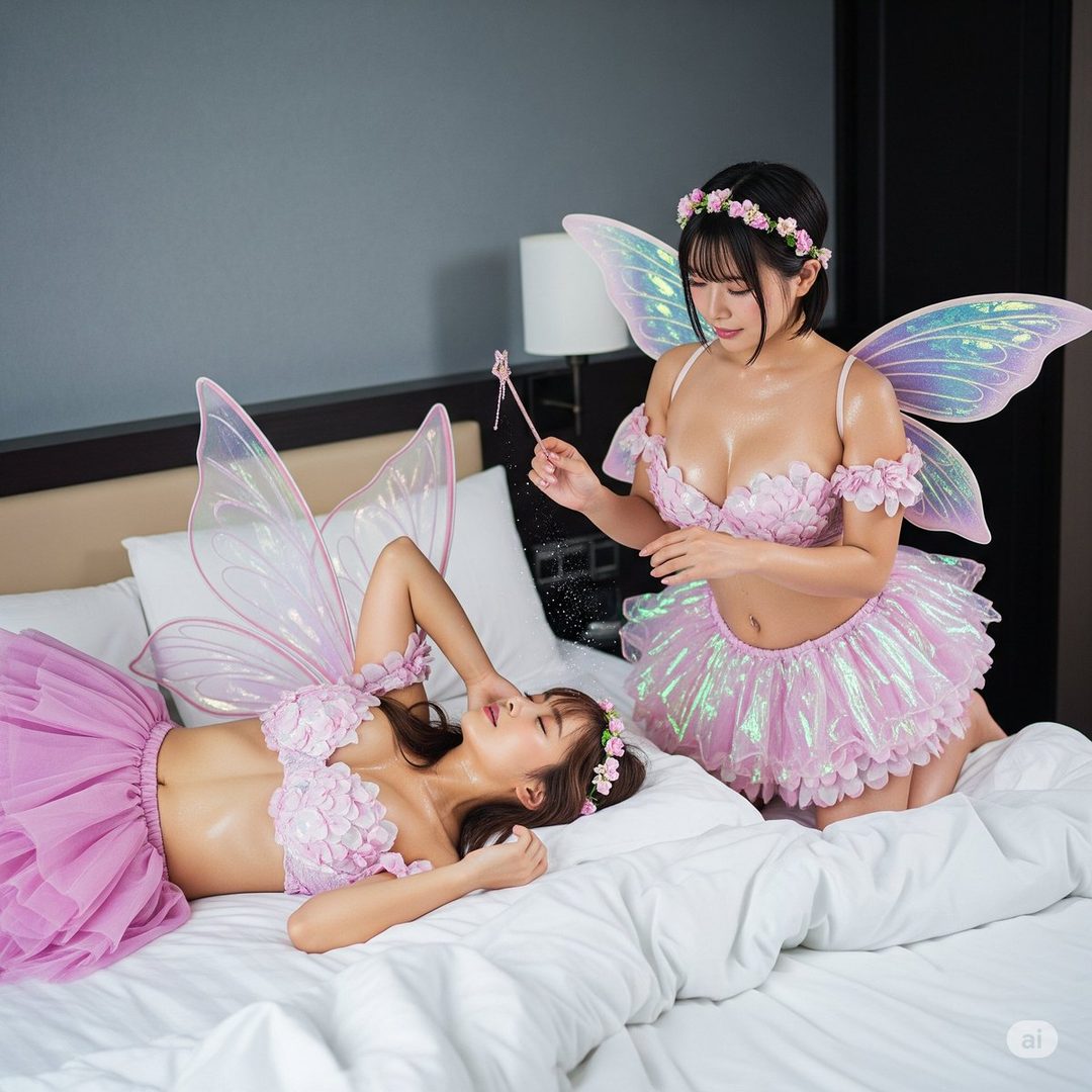 Two AI-generated women in pink fairy costumes with wings and flower crowns pose on a bed.