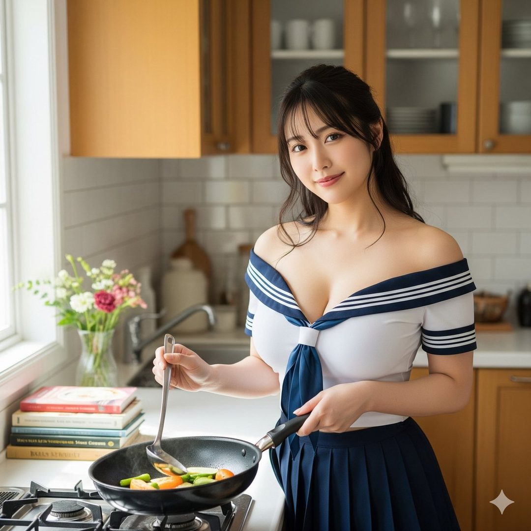 A young woman in a sailor-style uniform is cooking in a kitchen, with vegetables in a pan.