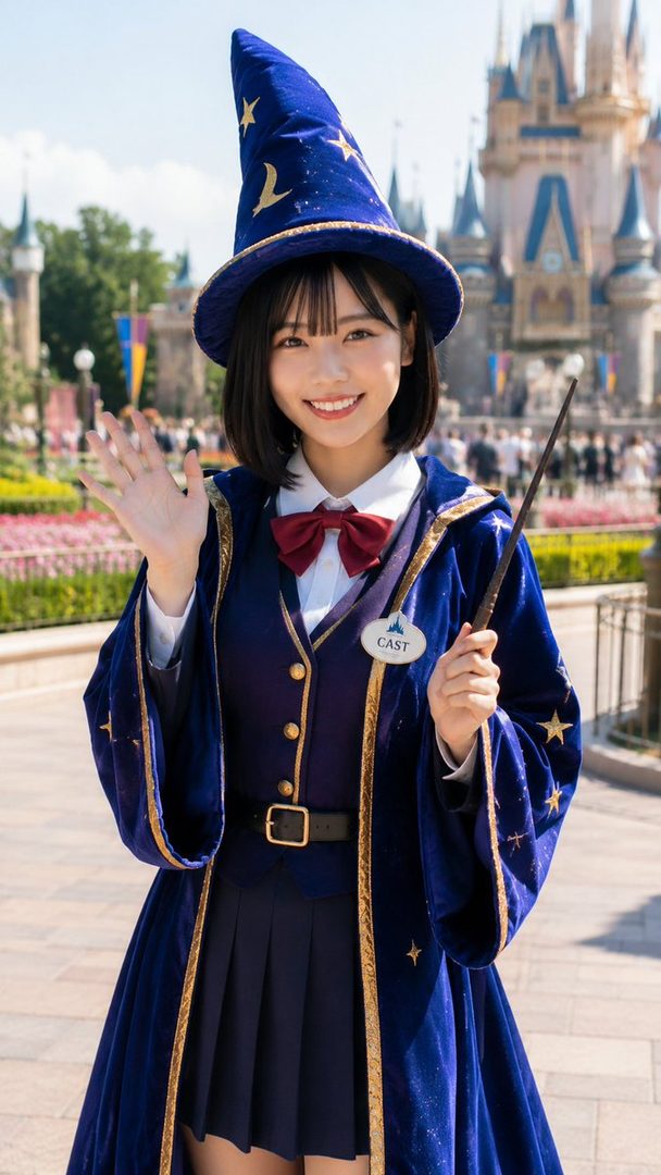 A young woman dressed as a wizard with a blue starry hat and robe, holding a magic wand, smiles and waves in front of a castle.
