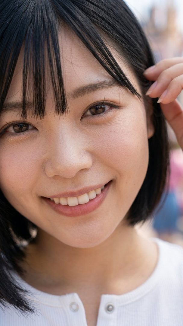 A close-up portrait of a young East Asian woman with short black hair and bangs, smiling warmly.