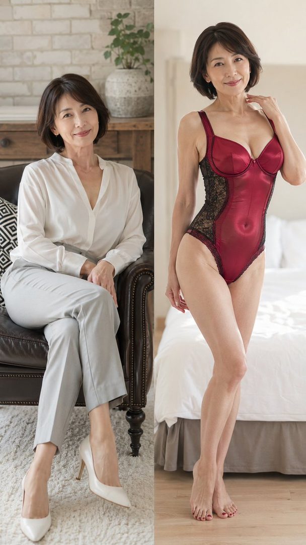 A mature East Asian woman posing in two different outfits: one in a white blouse and grey pants, the other in a red and black lingerie bodysuit.