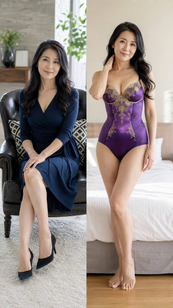 A mature East Asian woman posing in a dark blue dress and later in a purple lingerie set.