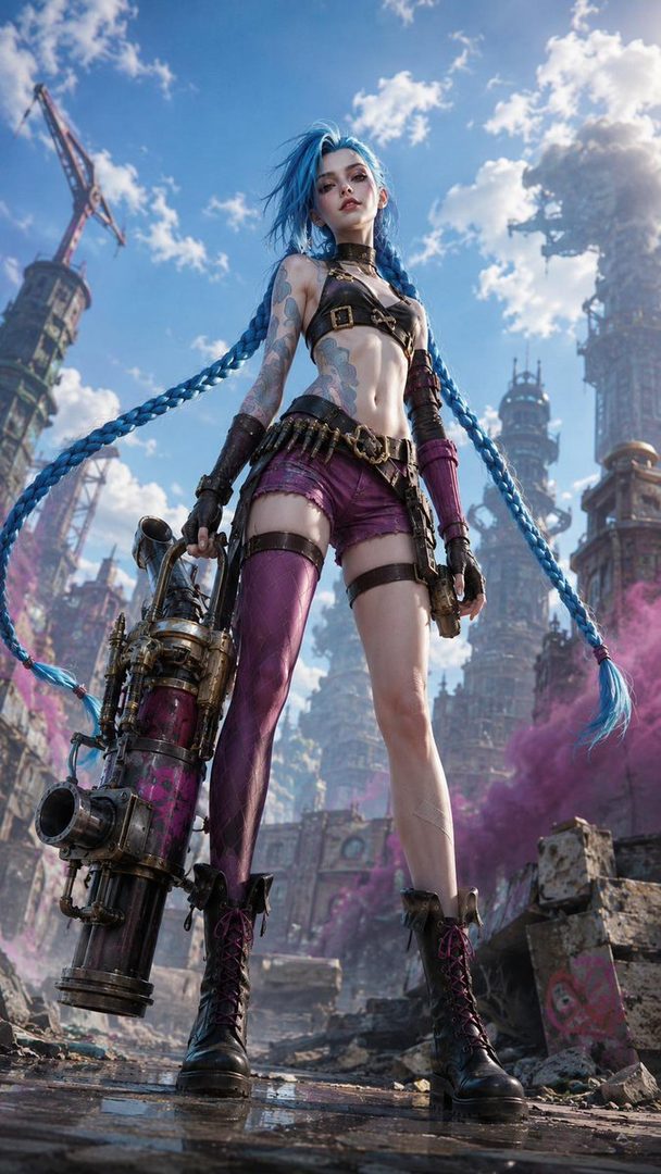 A photorealistic portrait of a woman with blue braided hair, wearing a dark top and purple shorts, holding a large weapon, with a city skyline in the background.