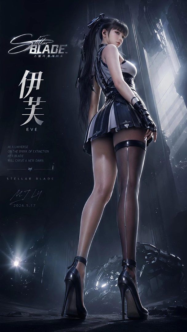 A striking AI-generated portrait of a woman named Eve, from Stellar Blade, posing in a futuristic outfit with long black hair and high heels.
