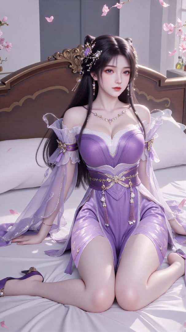 A beautiful AI-generated woman with long black hair, wearing a purple dress, posing indoors.