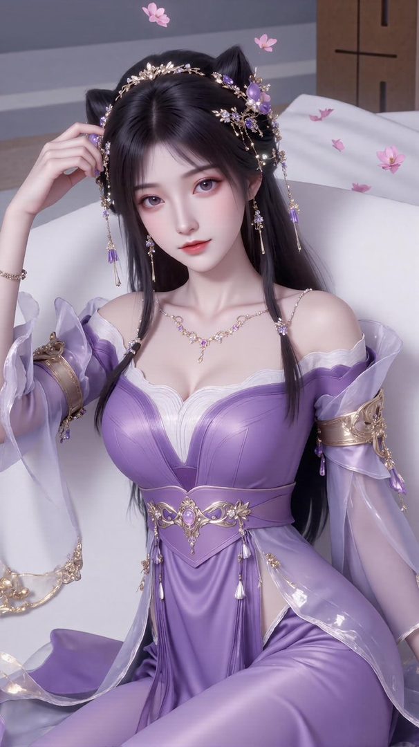 A beautiful AI-generated woman with long black hair, wearing a purple traditional dress and cat ears, posing elegantly.