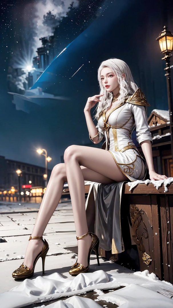 A beautiful AI-generated woman with long white hair, wearing an elegant white and gold dress, posing outdoors in a snowy, nighttime city setting.