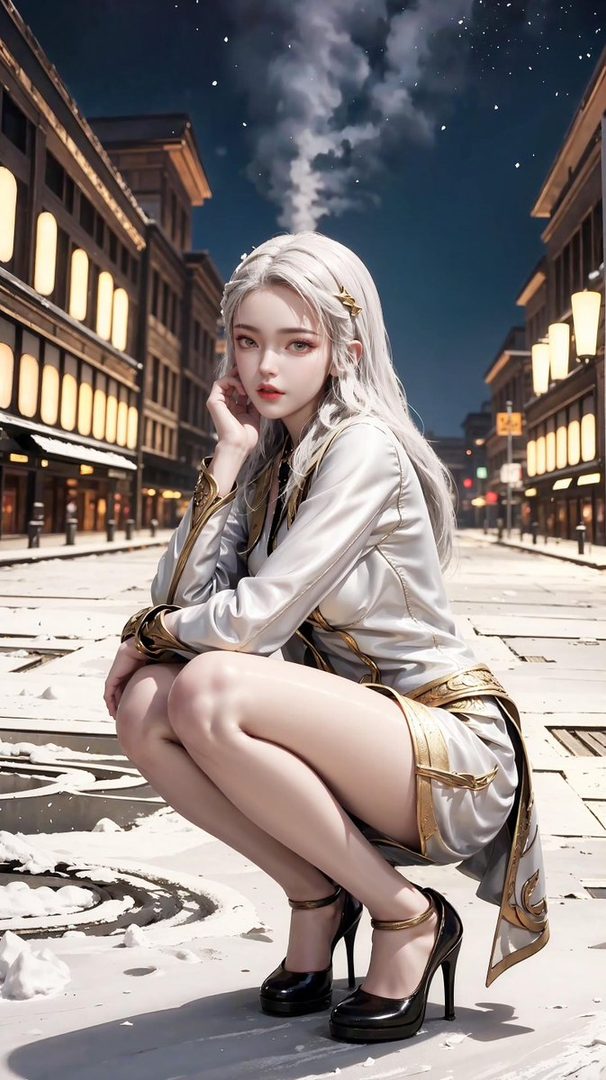 A beautiful AI-generated woman with long white hair, wearing a stylish outfit, crouching on a snowy street at night.