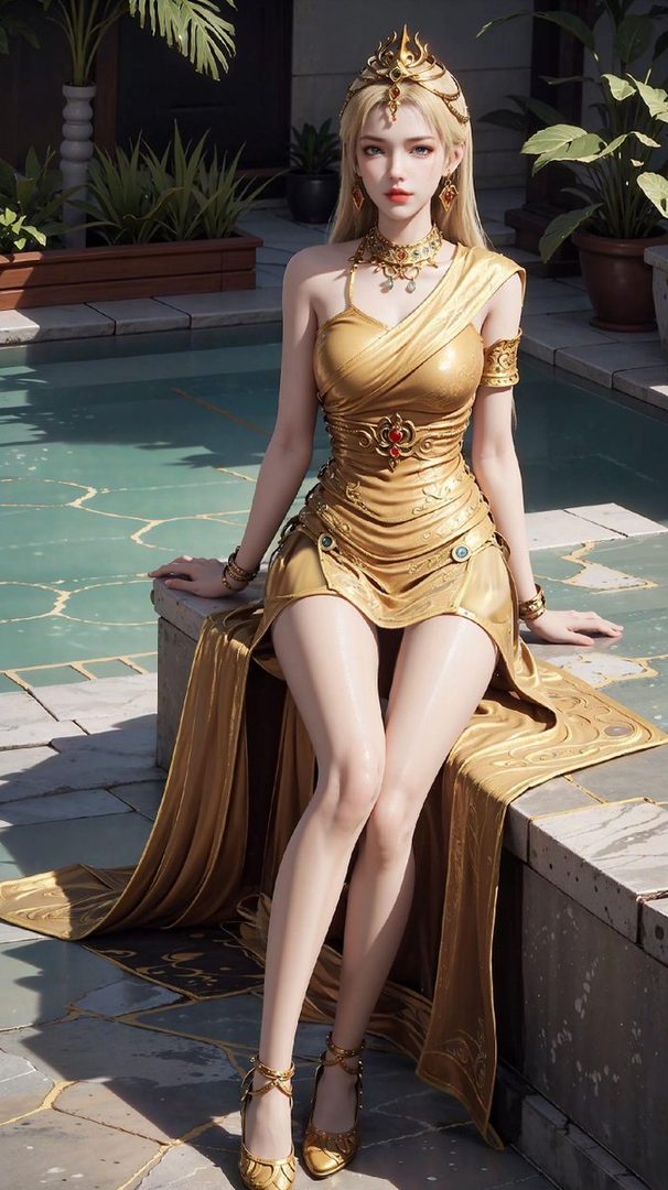A photorealistic AI-generated portrait of a beautiful woman with blonde hair, wearing an elegant golden dress and crown, sitting by a pool.