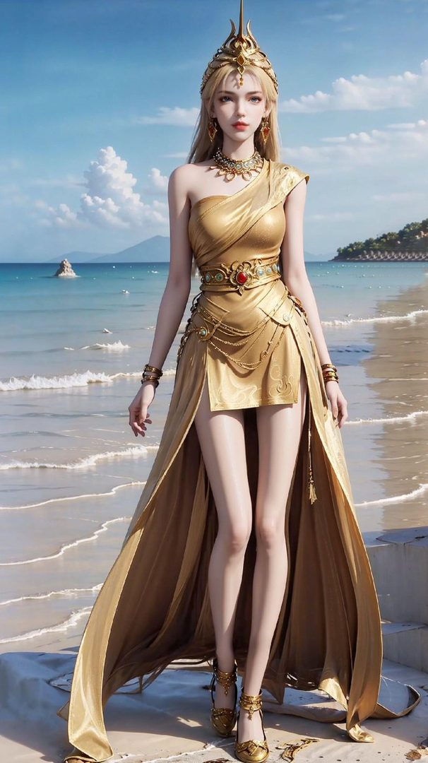 A photorealistic AI-generated portrait of a woman in a golden, one-shoulder dress with a high slit, adorned with intricate jewelry and a crown, standing on a beach with the ocean in the background.