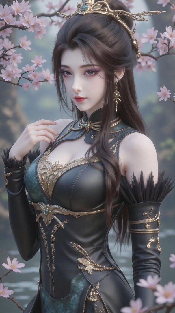A beautiful AI-generated woman with long dark hair, wearing an ornate black and gold dress, posing elegantly outdoors with cherry blossoms.
