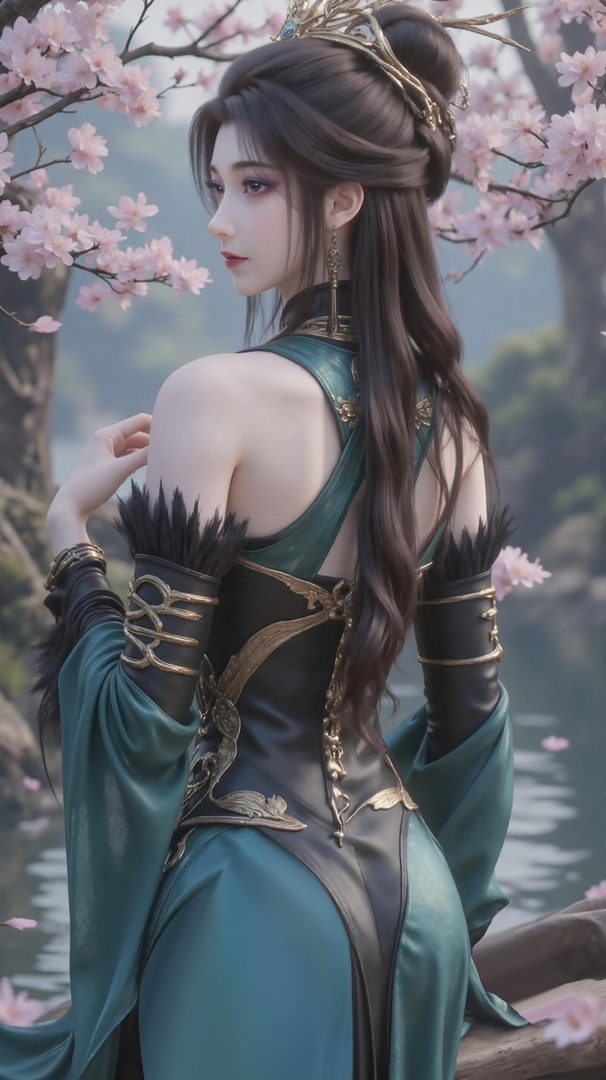 A beautiful AI-generated woman with long dark hair, wearing an elegant teal and black dress, posing outdoors with cherry blossoms.
