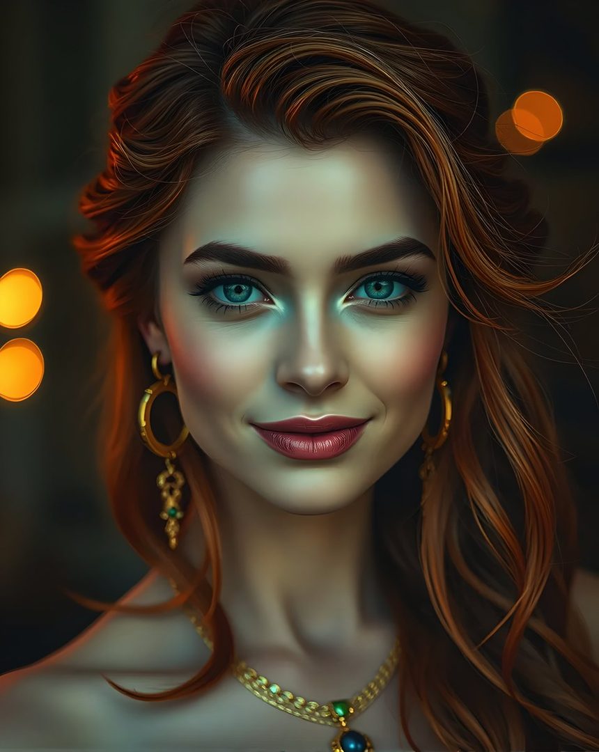 A photorealistic portrait of a beautiful woman with long auburn hair, striking blue eyes, and elegant gold jewelry, smiling softly against a blurred background with bokeh lights.