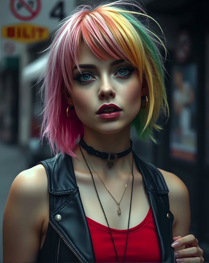 A punk woman with short, colorful rainbow hair, blue eyes, wearing a black leather vest over a red tank top and a choker necklace, posing outdoors.