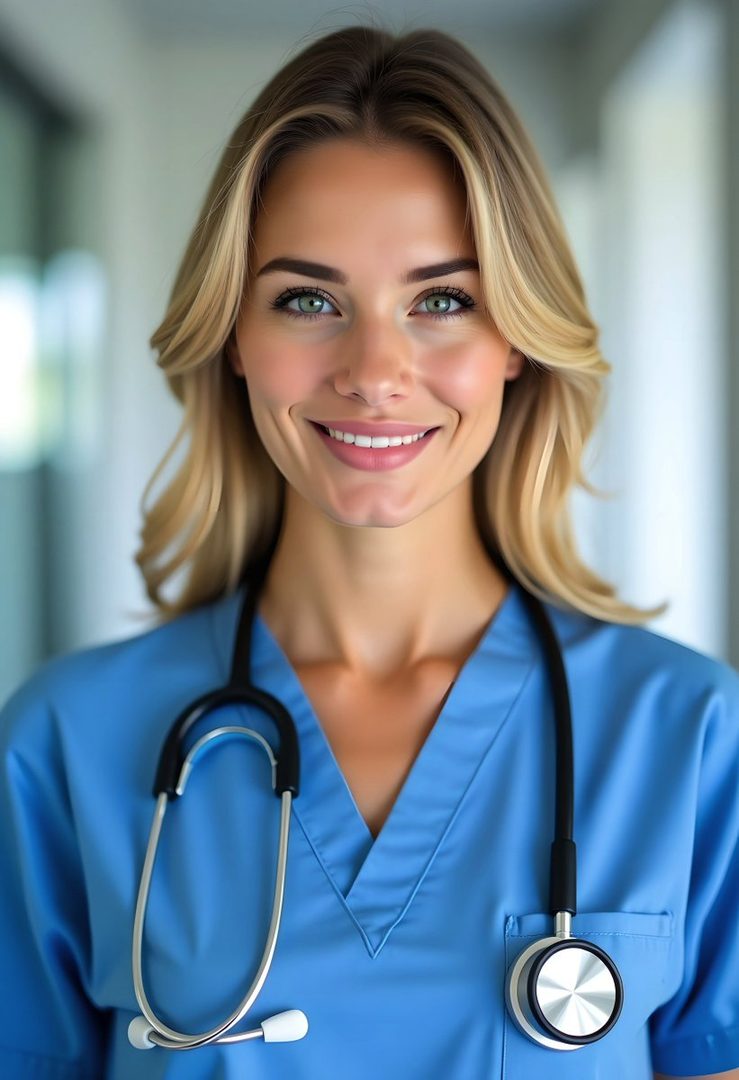A beautiful blonde nurse wearing blue scrubs and a stethoscope, smiling warmly.