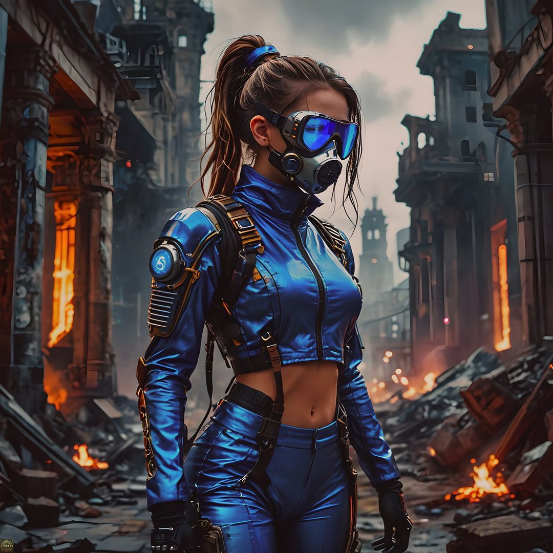 A woman in a blue cyberpunk outfit with a gas mask and goggles stands in a ruined city.