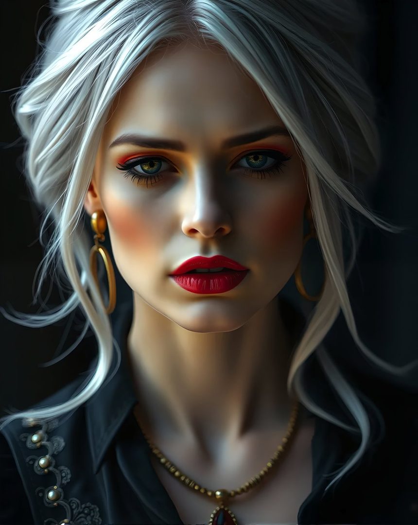A striking portrait of a woman with silver hair, dramatic red makeup, and a black outfit, looking directly at the camera.