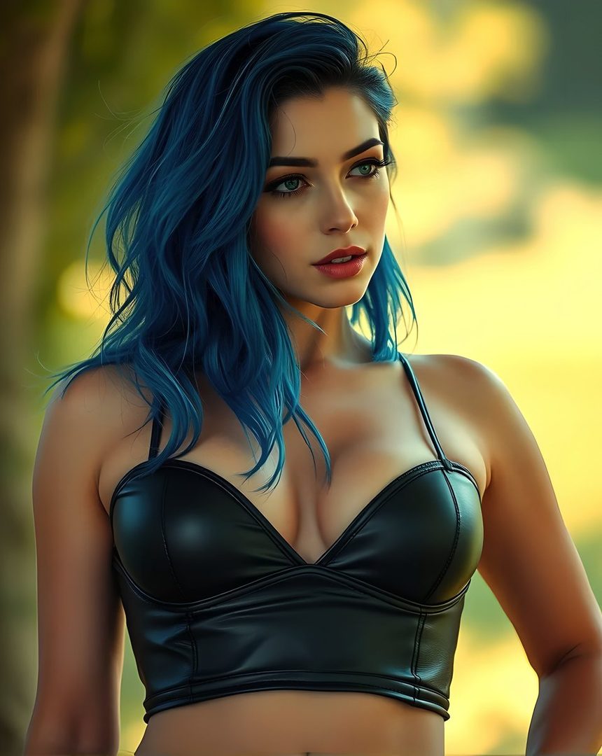 A photorealistic portrait of a woman with long, wavy blue hair, wearing a black leather top, outdoors with a blurred yellow background.
