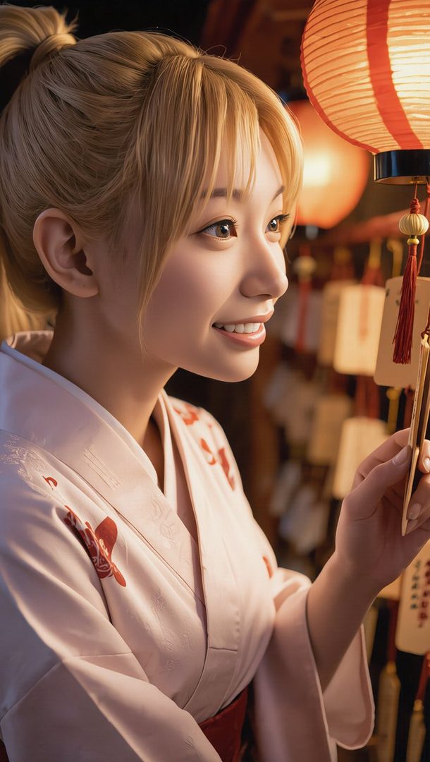 A young Japanese woman with blonde hair in a ponytail, wearing a light pink kimono with floral patterns, smiles while holding a wooden charm at a Japanese festival with lanterns and prayer slips.