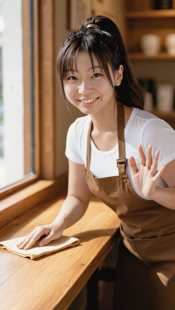 A friendly young woman in a white t-shirt and brown apron smiles and waves while cleaning a wooden counter in a cafe.