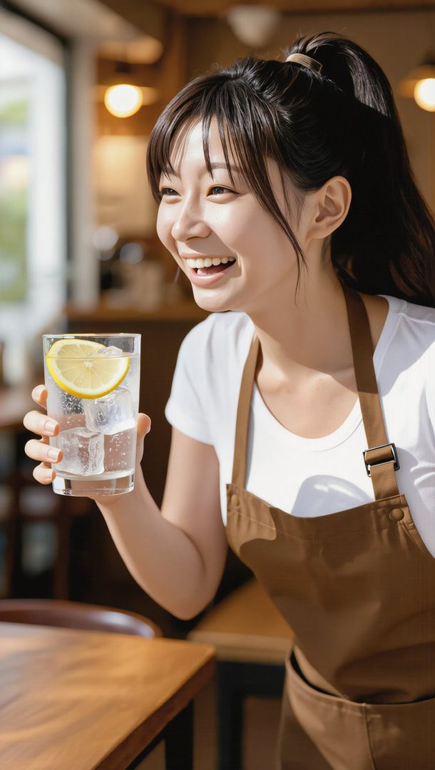 A cheerful East Asian woman wearing a white t-shirt and brown apron, holding a glass of iced water with lemon, smiling brightly in a cafe setting.