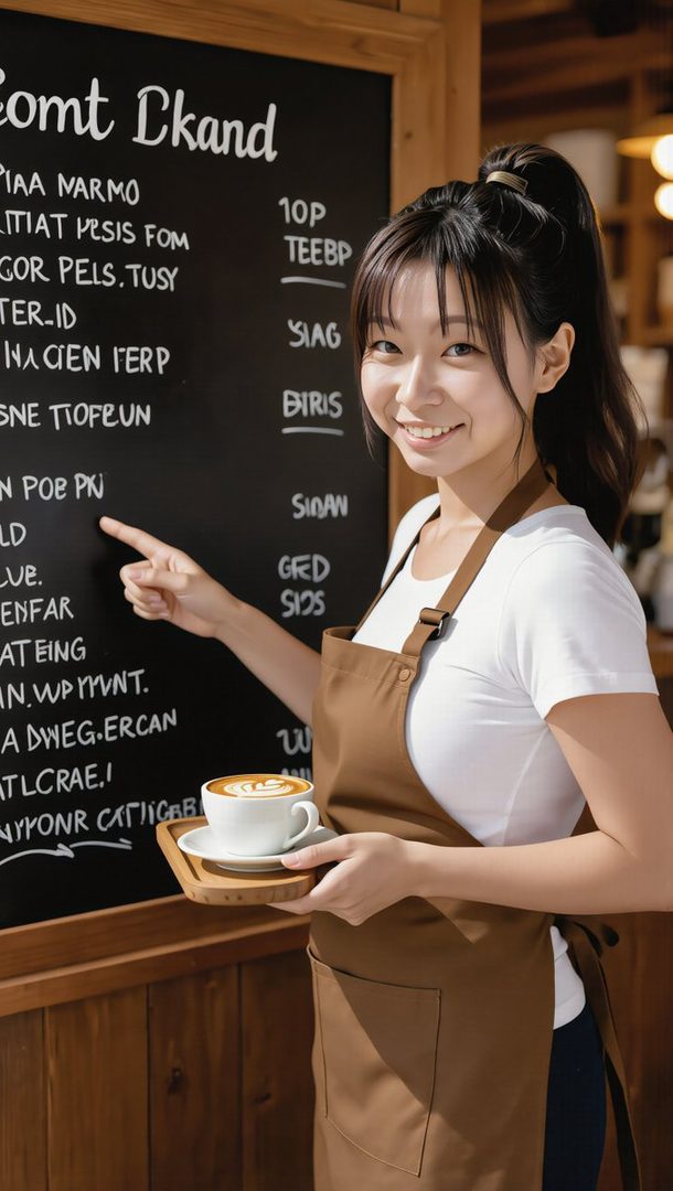 A smiling young East Asian woman in a white t-shirt and brown apron points to a chalkboard menu while holding a latte.