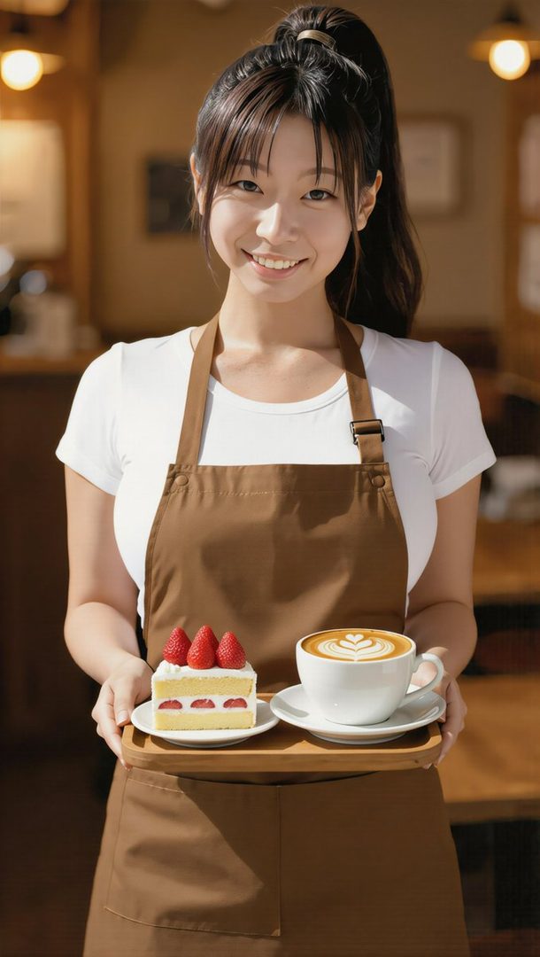 A smiling young East Asian woman in a white t-shirt and brown apron holds a tray with a slice of strawberry shortcake and a latte.