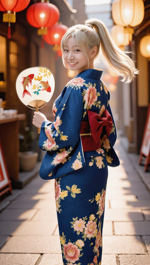 A young woman with blonde hair in a ponytail, wearing a blue floral yukata and holding a fan, smiles at the camera in a street lined with lanterns.