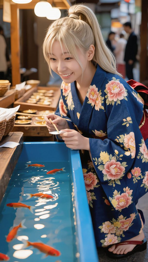 A young Japanese woman with blonde hair in a ponytail, wearing a blue yukata with floral patterns, smiles as she tries to catch goldfish at a festival.