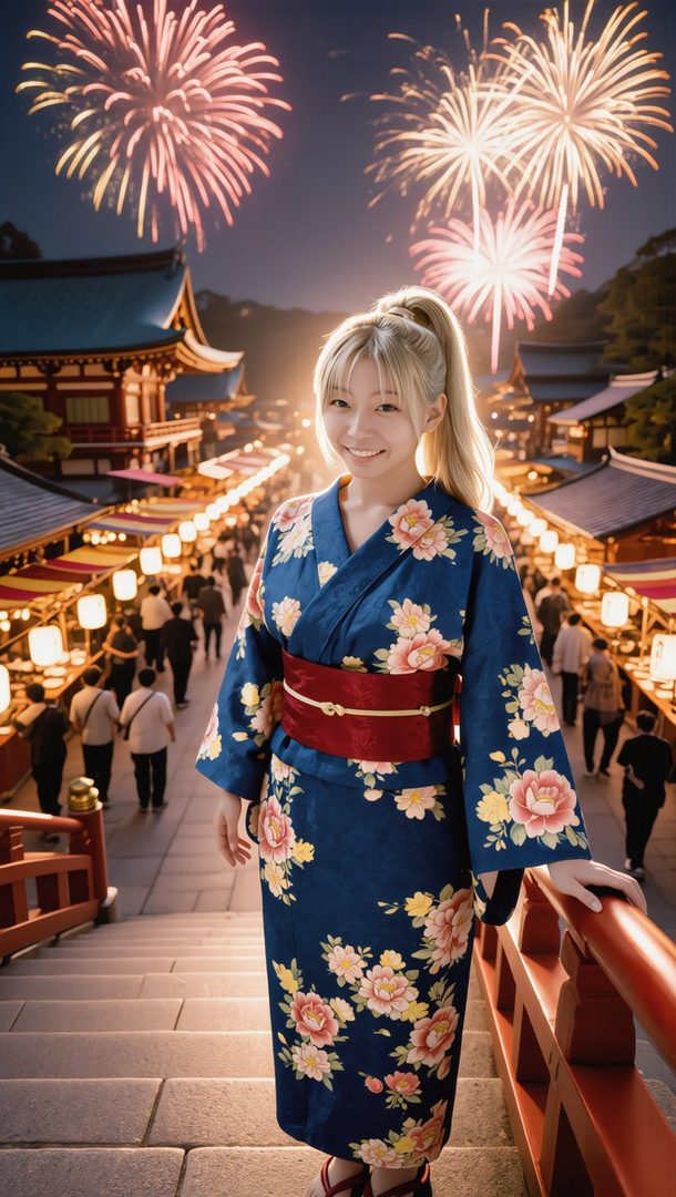 A young woman with blonde hair in a ponytail, wearing a blue floral yukata with a red obi, smiles at the camera during a fireworks display at a Japanese festival.