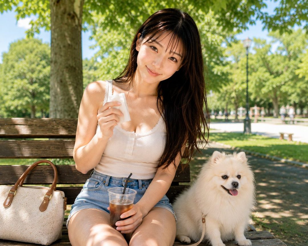 A young East Asian woman with long dark hair, wearing a white tank top and denim shorts, sits on a park bench with a Pomeranian dog, holding a drink and a tissue.