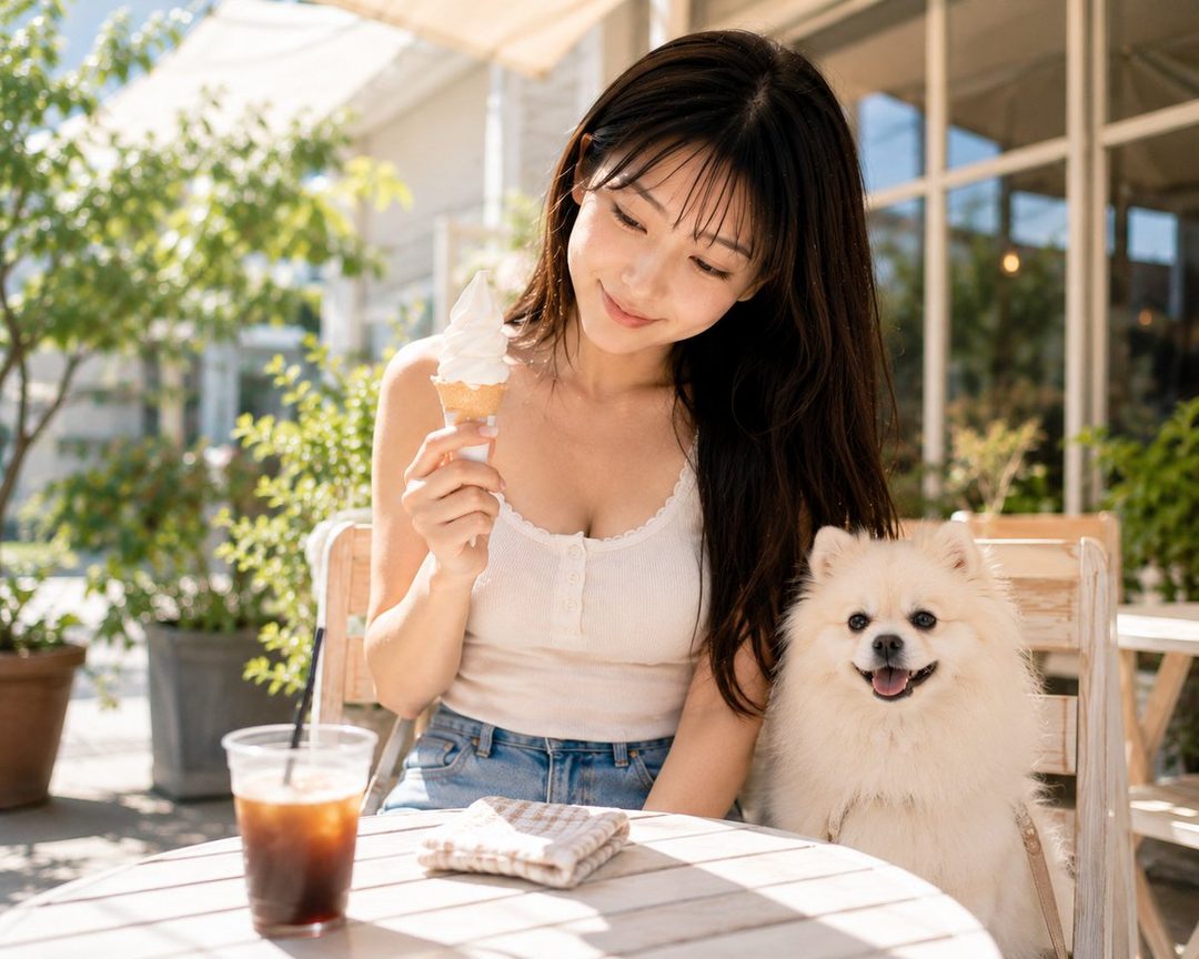 A young East Asian woman with long black hair sits at an outdoor cafe table with a fluffy white dog, holding an ice cream cone.