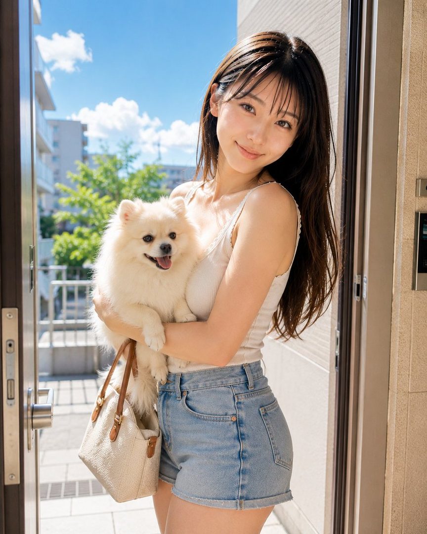 A young woman with long dark hair and bangs, wearing a white tank top and denim shorts, holds a fluffy white Pomeranian dog while standing outside a building on a sunny day.