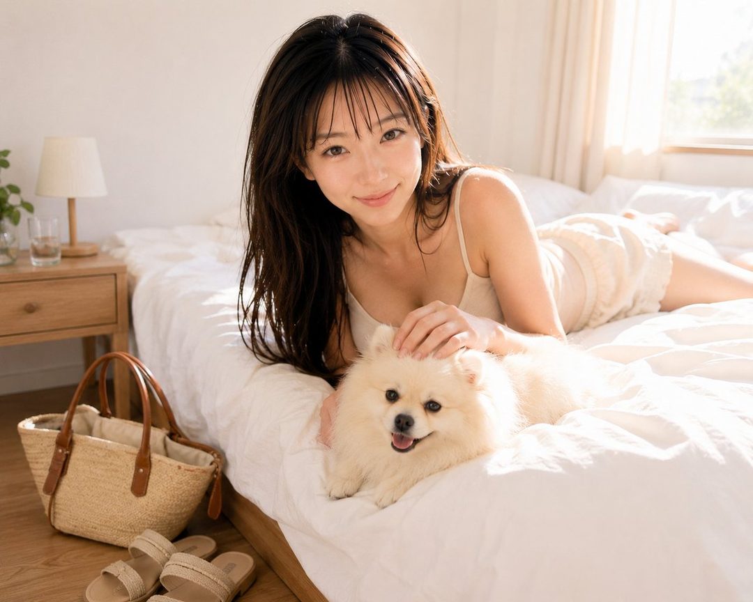 A young woman with long dark hair and bangs, wearing a light-colored slip dress, lies on a white bed with a small fluffy white dog. She gently pets the dog and smiles at the camera. Sunlight streams in from a window.