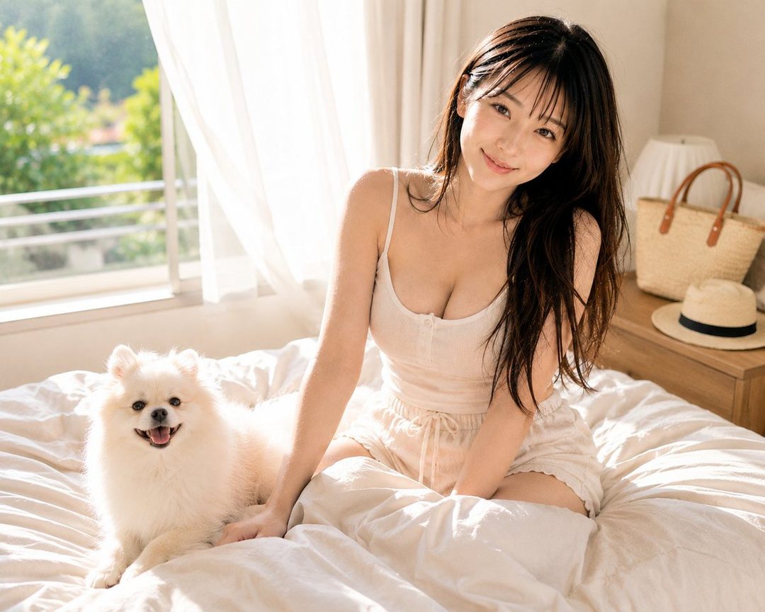 A beautiful young woman with long dark hair and bangs, wearing a white camisole and shorts, sits on a bed next to a fluffy white Pomeranian dog. Sunlight streams in from a window, creating a soft, dreamy atmosphere.