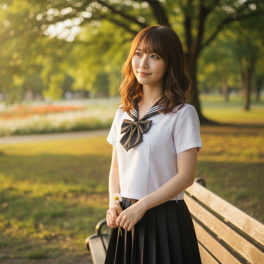 A young woman in a Japanese school uniform stands in a park, holding a small flower.