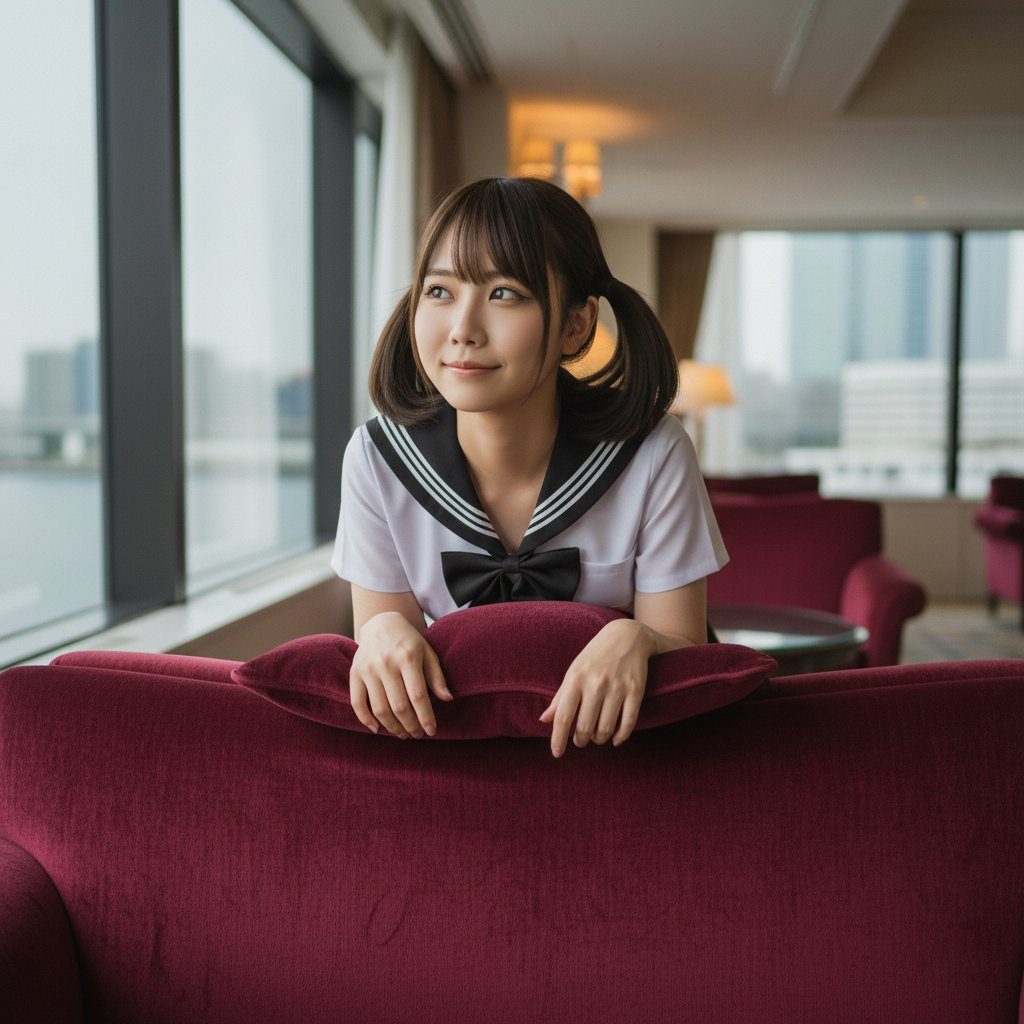 A young East Asian woman with brown hair in pigtails, wearing a sailor-style uniform, looks out a window while leaning on a red sofa.
