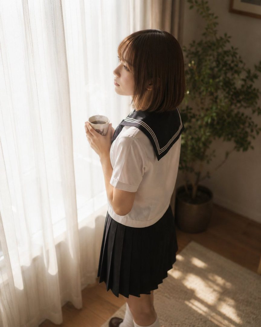 A young woman in a sailor uniform holding a cup of coffee, looking out the window.