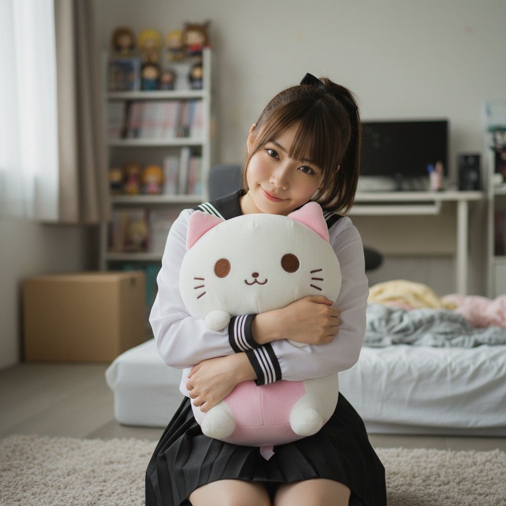 A young woman in a school uniform holding a plush cat toy, smiling.