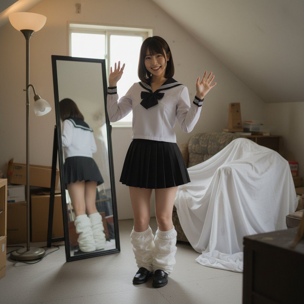 A young Japanese woman in a sailor-style school uniform, including a white blouse, black pleated skirt, and white leg warmers, poses playfully in an indoor setting, waving at the camera.