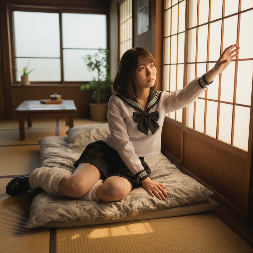 A young woman in a Japanese school uniform sits indoors by a window, looking out thoughtfully.