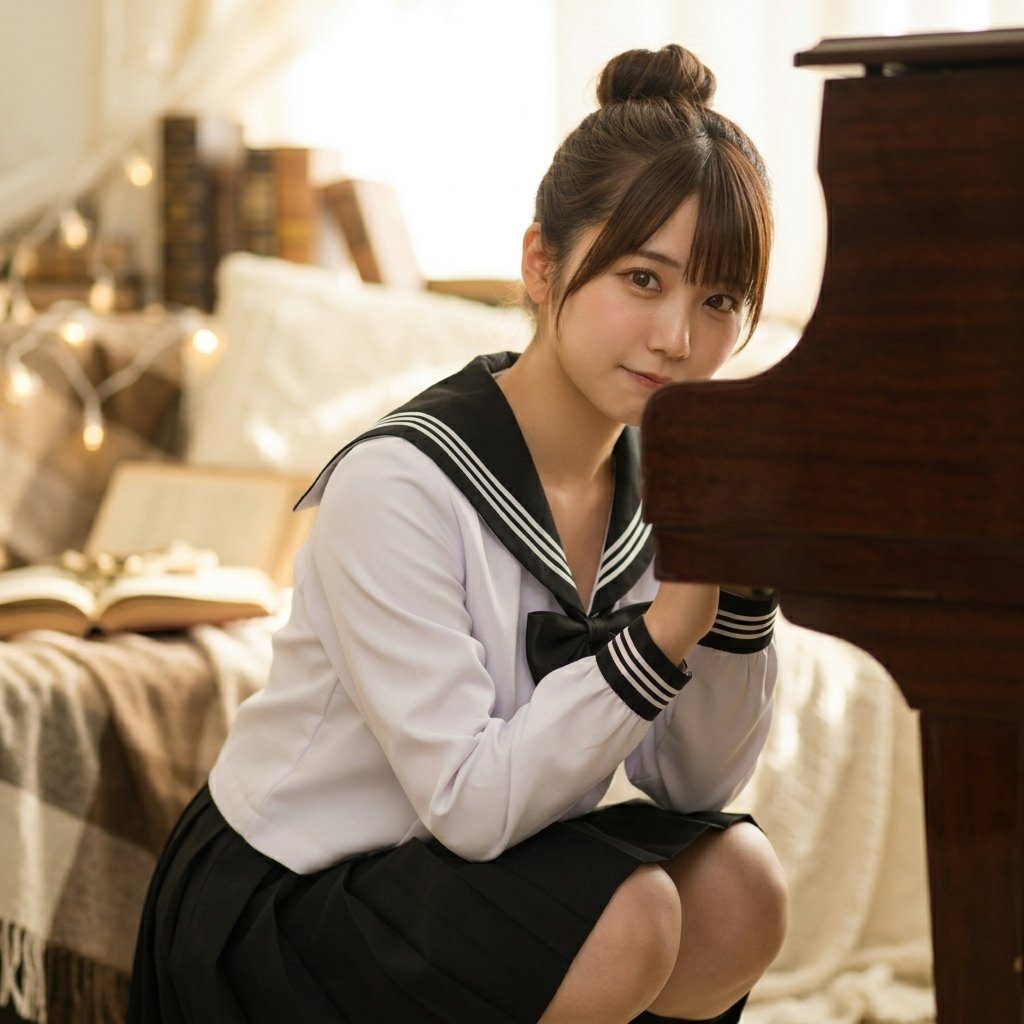 A young Japanese woman in a sailor school uniform, with her hair in a bun, poses next to a piano.
