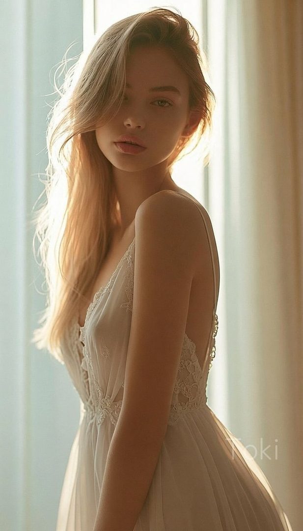 A beautiful young woman with long blonde hair, wearing a delicate white lace dress, poses indoors with soft light illuminating her face and hair.