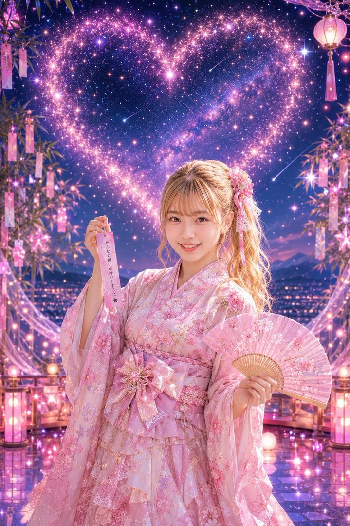 A young woman with blonde hair in a ponytail, wearing a pink floral kimono and holding a fan, poses against a starry night sky with a heart-shaped constellation and Tanabata decorations.