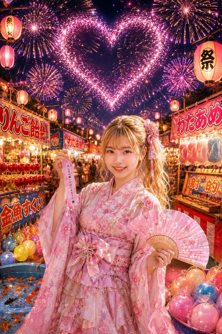 A young woman in a pink floral yukata holds a fan and a paper charm at a Japanese summer festival with fireworks and stalls.