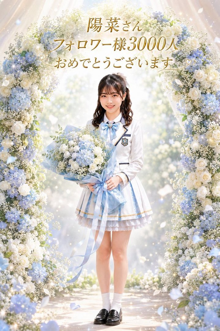 A young woman in a school uniform holds a bouquet of flowers under a floral arch.