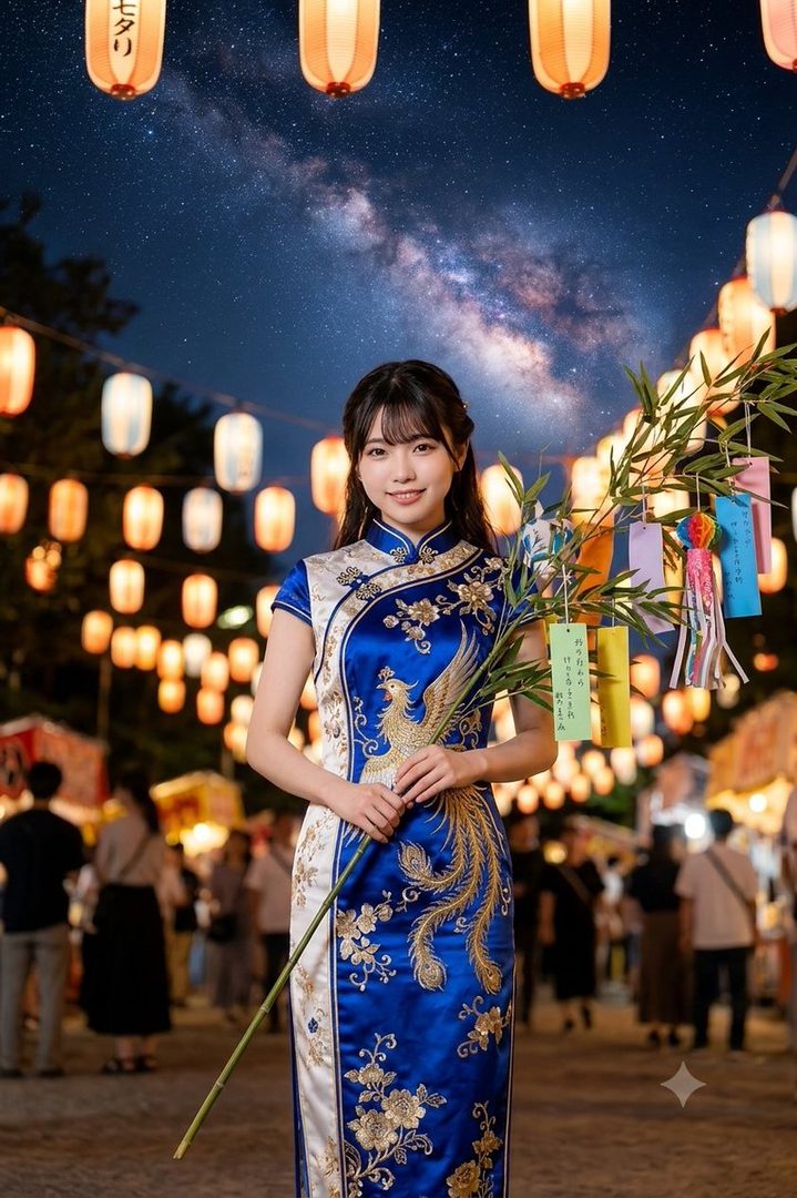 A young woman in a blue and white traditional Chinese dress with gold embroidery stands outdoors at night, holding a bamboo branch with colorful tanzaku papers attached, under a starry sky and illuminated lanterns.