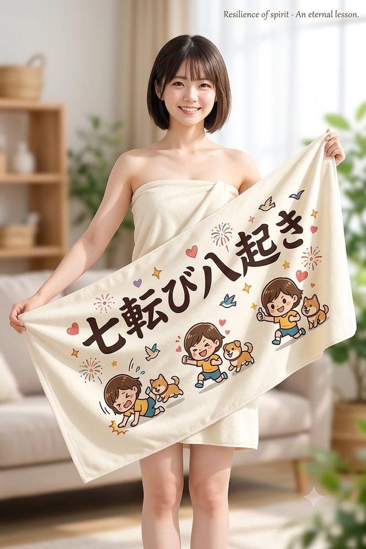 A young East Asian woman with short black hair, wearing a towel wrap, smiles gently while holding a towel with cartoon illustrations of children and dogs.