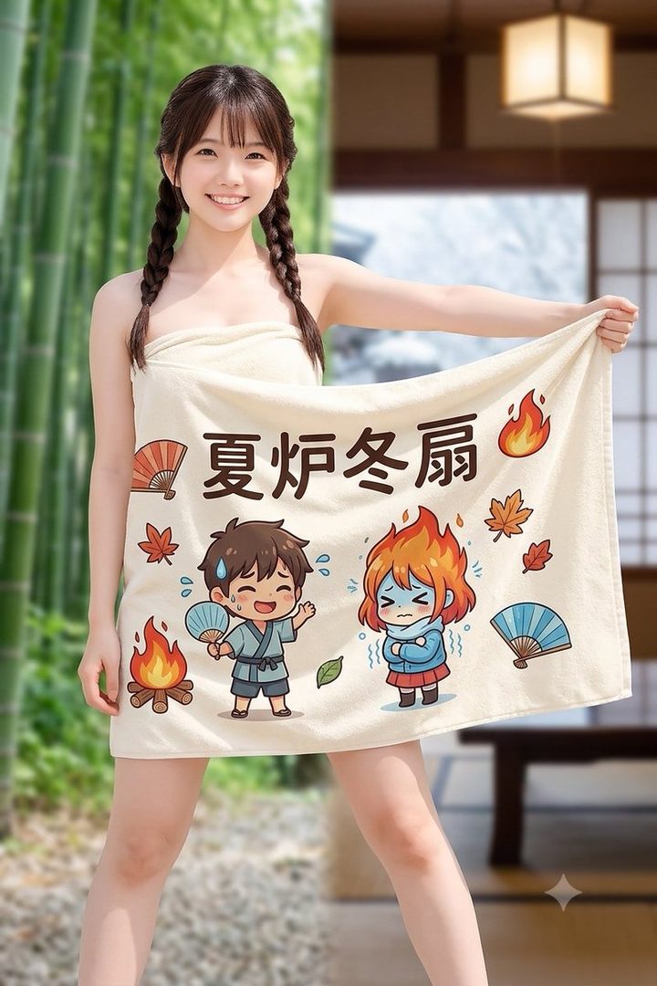 A young East Asian woman with braided hair, wearing a towel, smiles at the camera while holding a towel with cartoon characters and Japanese text.